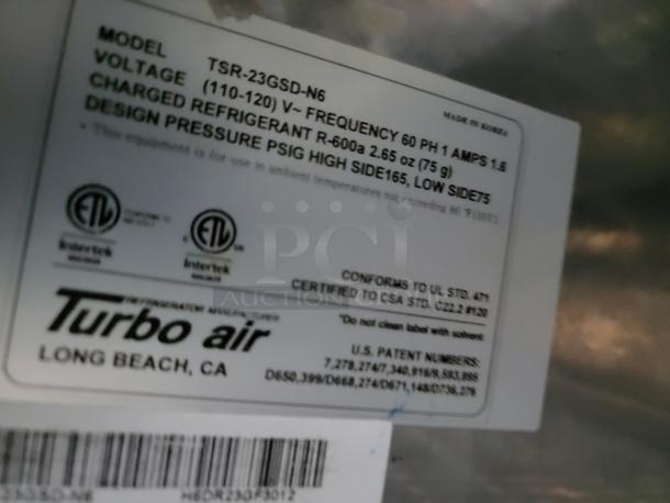 Label on Turbo Air refrigeration unit, model TSR-23GSD-N6. Voltage 110-120V, frequency 60Hz, refrigerant R-600a. Made in Korea.