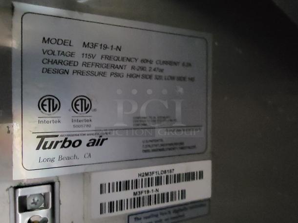 Turbo Air model M3F19-1-N plate, shows 115V, 60Hz, R-290 refrigerant, design pressure PSIG 320/140, Long Beach, CA.