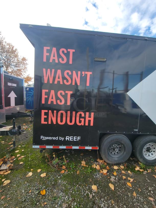 2021 SDG 20' mobile ghost kitchen trailer with dual axles. "Fast Wasn't Fast Enough" text visible. Powered by REEF.