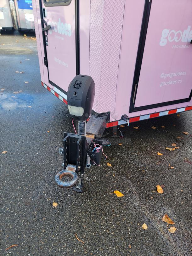 2021 20' SDG Ghost Food Trailer external view, pink with "goodees" branding, hitched for towing.