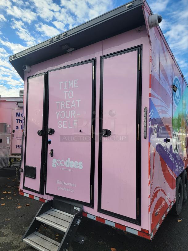 2021 SDG Ghost 20' Food Trailer, pink exterior, text "Time to Treat Yourself," Goodees branding visible, auction item.