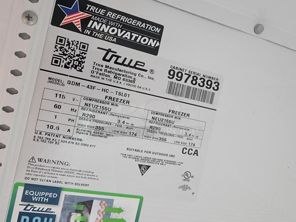 "True refrigeration label on 2021 SDG Ghost Food Trailer. Model: GDM-43F, uses eco-friendly R290 refrigerant, serial 9978393."