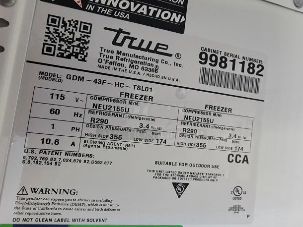 Label of True refrigeration unit in 2021 SDG Ghost Trailer. Model GDM-43F HC TSL01, using eco-friendly R290 refrigerant. Suitable for outdoor use.