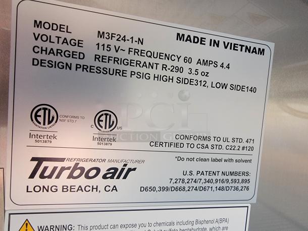 Turbo Air commercial refrigerator label from mobile kitchen trailer. Details: Model M3F24-1-N, 115V, ETL listed, Made in Vietnam.