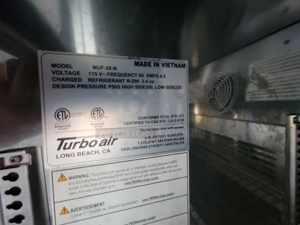 Turbo Air refrigeration unit label showing model MUF-28-N, voltage 115V, refrigerant R-290, made in Vietnam.