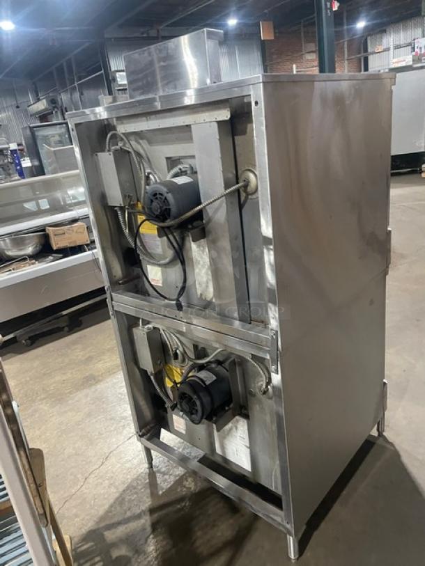 Blodgett stainless steel double-stacked electric convection oven, thermostatic control, wired racks, on legs, used condition.