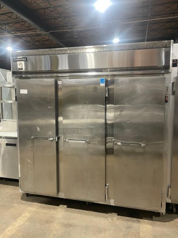 Continental 3F stainless steel 3-door reach-in freezer, Energy Star certified, with poly coated wire rack and casters.