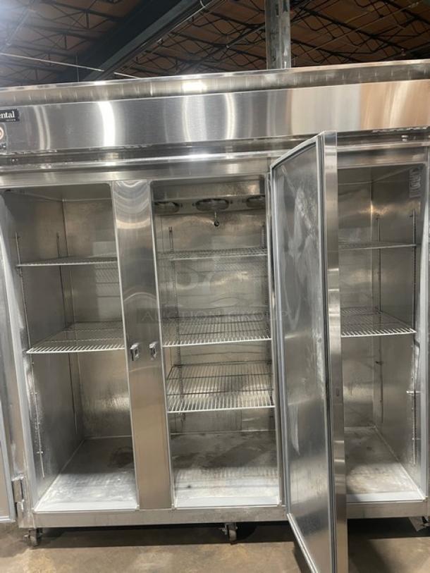 Continental 3-door stainless steel freezer, Model 3F, with poly-coated wire rack, Energy Star certified, on casters.