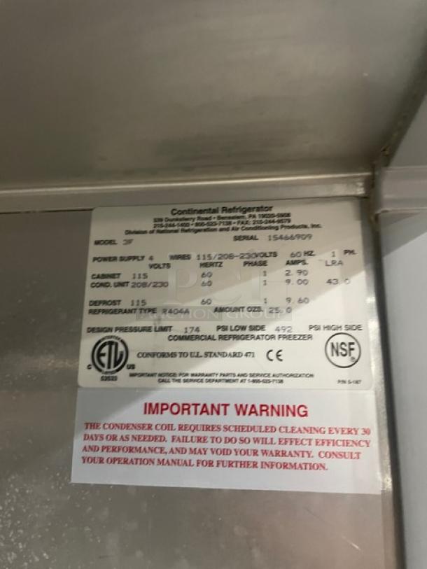 Continental Commercial Stainless Steel 3 Door Reach-In Freezer, Model 3F, SN: 15466909, Energy Star Certified, on casters, with poly coated wire rack, 115/208-230V, 1 Phase.