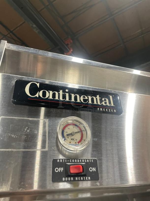 Continental 3F stainless steel 3-door reach-in freezer, Energy Star certified, poly coated wire rack, on casters.