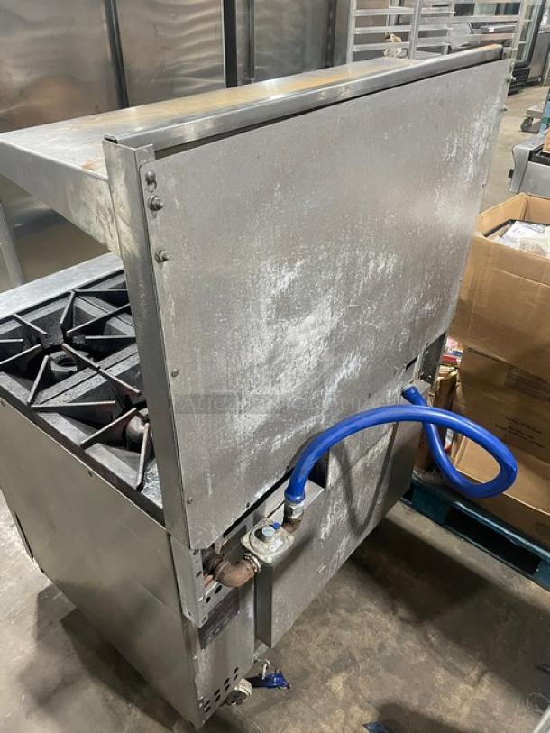 Vulcan 36SF6BN commercial stainless steel 6 burner stove with convection oven, backsplash, salamander shelf, and casters.