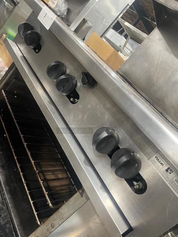 Vulcan 36SF-6BN commercial 6-burner stove, stainless steel, convection oven, backsplash, salamander shelf, wired racks.