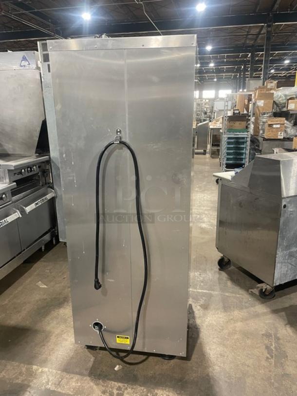 Carter-Hoffman stainless steel full height heating/proofing cabinet, model HL31835, with built-in pan rack, on casters.