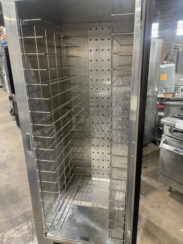 Carter-Hoffman stainless steel heating/proofing cabinet, model HL3-18-35, full height, built-in pan rack, 120V, on casters.