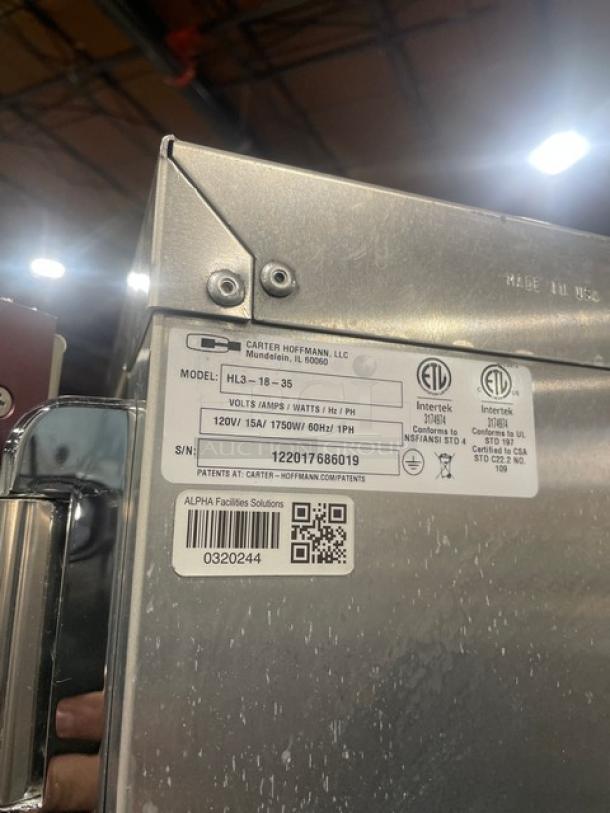 Carter-Hoffman stainless steel warming cabinet, model HL3-18-35, with built-in pan rack, on casters, 120V 1 Phase.