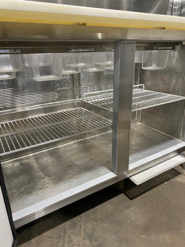 Silver King stainless steel 2-door refrigerated bain marie prep table, model SKEPT4812SD1BM, with cutting board, poly-coated wire rack, on casters.