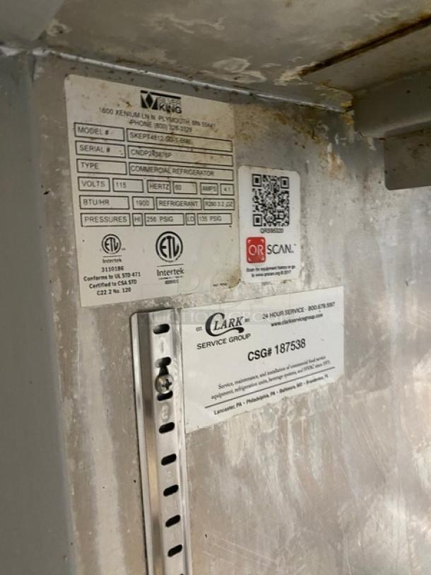 Silver King stainless steel prep table label, Model SKEPT4812SD1BM, SN CNDP243376P, 115V, showing operational details.