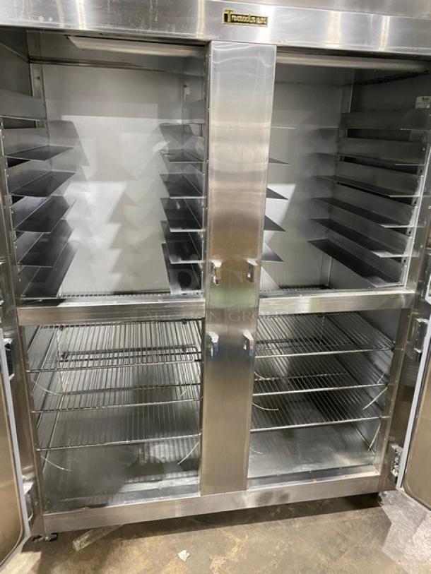 Traulsen Spec Line Series stainless steel half-door reach-in refrigerator, model AHT232WUTHHS, with chrome racks and pan slides.