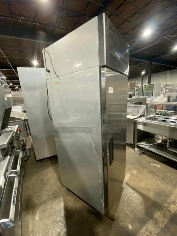 Hoshizaki SafeTemp stainless steel single door reach-in refrigerator, model RH1AAC, Energy Star certified, on casters, with poly coated wired rack.