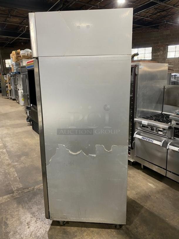 Hoshizaki SafeTemp Series commercial stainless steel single-door reach-in refrigerator, model RH1-AAC, on casters, with worn exterior.