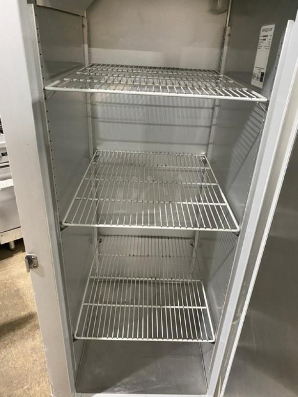 Hoshizaki SafeTemp stainless steel single door refrigerator, model RH1AAC. Features poly-coated wire racks, on casters.