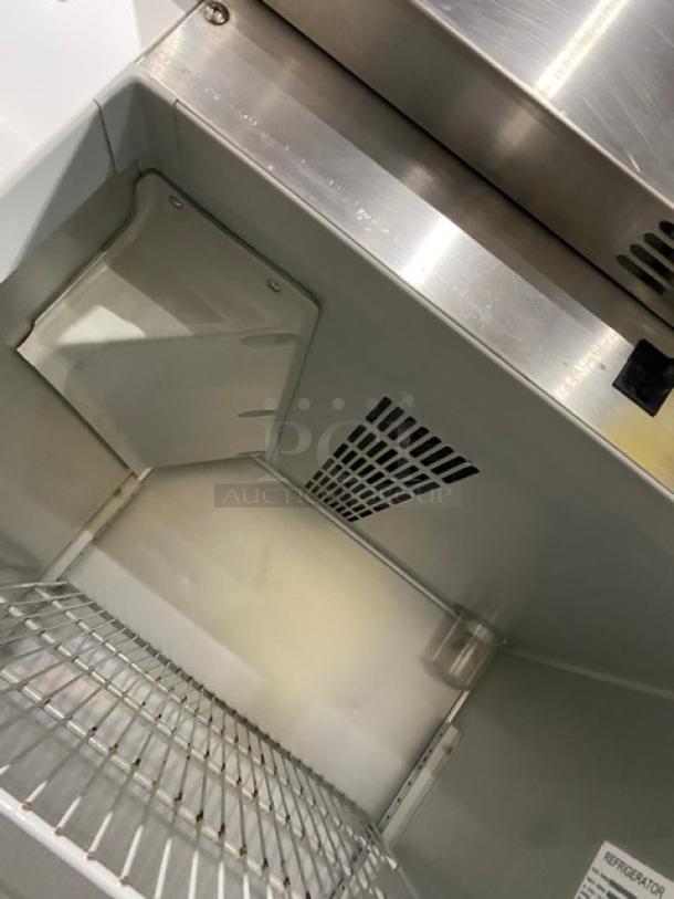 Hoshizaki SafeTemp RH1AAC fridge interior with poly coated wired rack, stainless steel finish, Energy Star certified.