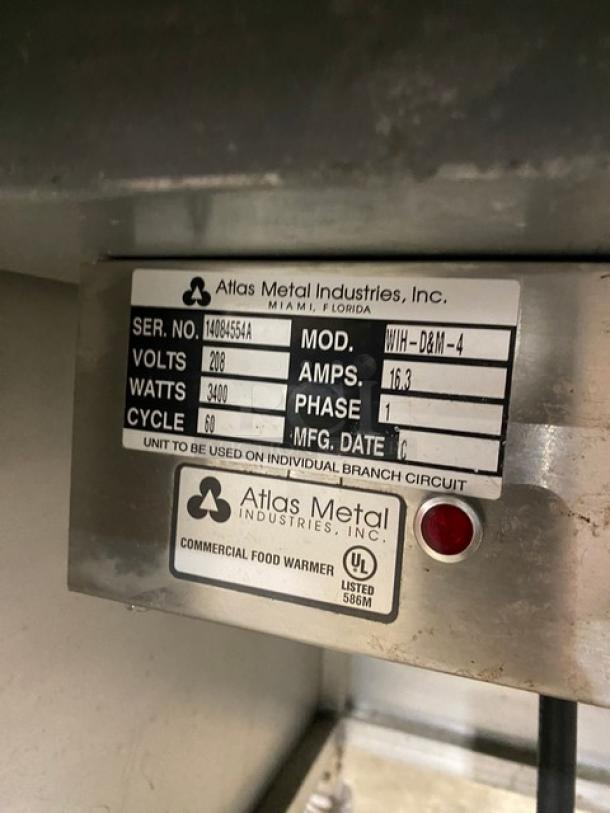 Atlas Metal WIH-D&M-4 buffet steamtable label showing specs: 208V, 3400W, 16.3A, 1 phase. Serial: 14084554A.