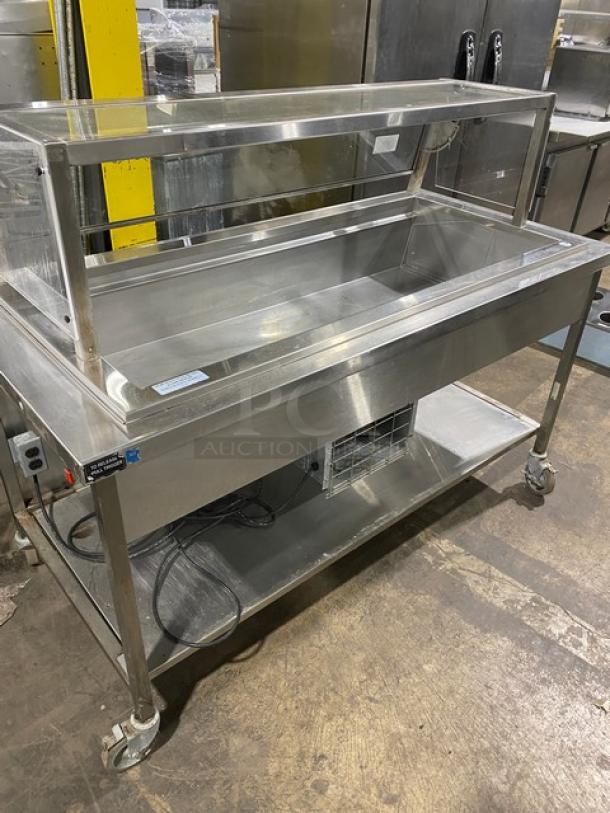 Delfield stainless steel refrigerated salad bar, model N8156B, with sneeze guard, folding tray slide, single undershelf, and casters.