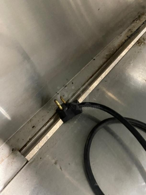 Delfield Custom Buffet Style Stainless Steel Refrigerated Salad Bar, Model N8156B, with power cord and visible plug.