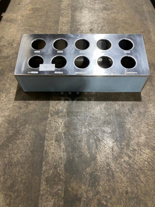 Commercial stainless steel countertop utensil organizer with 10 compartments. Appears in good condition. Ideal for flatware storage.