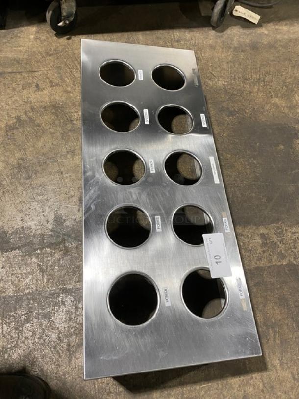 Commercial stainless steel countertop utensil organizer with 10 compartments, featuring labels and a brushed finish.