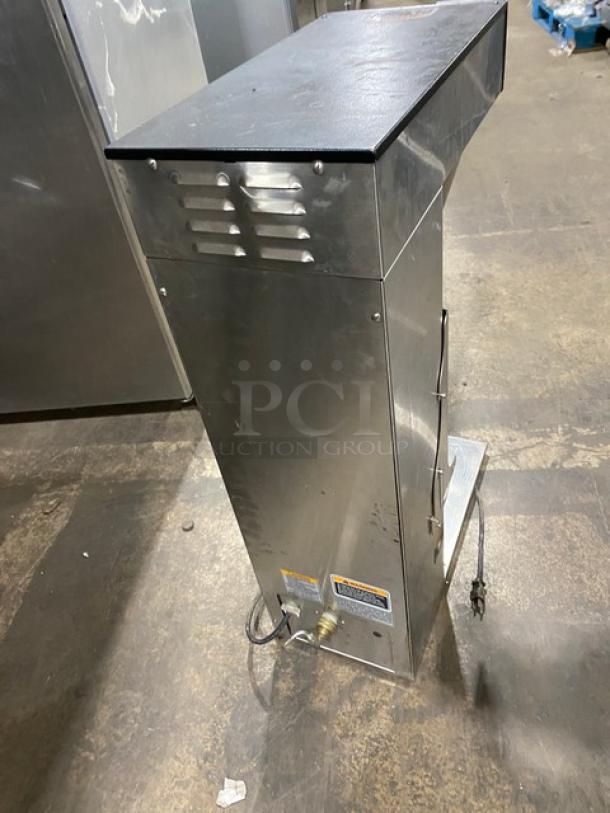 Bunn ITCB-DV commercial stainless steel tea/coffee brewer, with digital controls and hot water dispenser, 120V, side view.