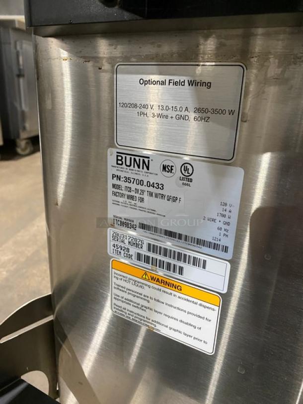 Bunn ITCB-DV stainless steel electric tea/coffee brewer, features digital controls, hot water dispenser, and factory labels.