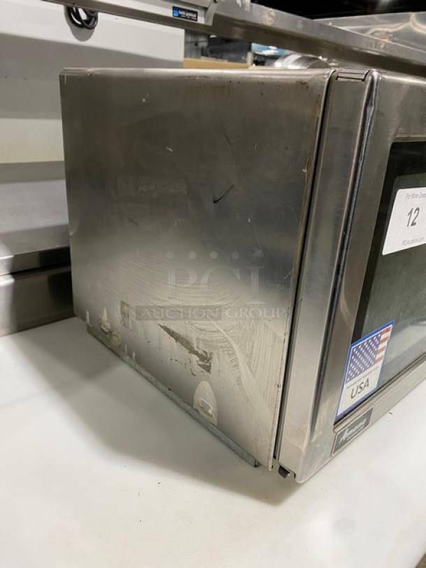 Amana 2021 stainless steel commercial microwave oven, model RCS10TS. Electric, countertop, stackable, digital controls.