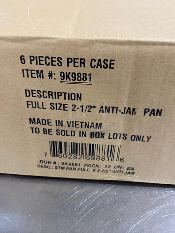 Box of Don Commercial Stainless Steel Full-Size 2.5" Deep Anti-Jam Pans, Model 9K9881, made in Vietnam, 6 pieces per case.
