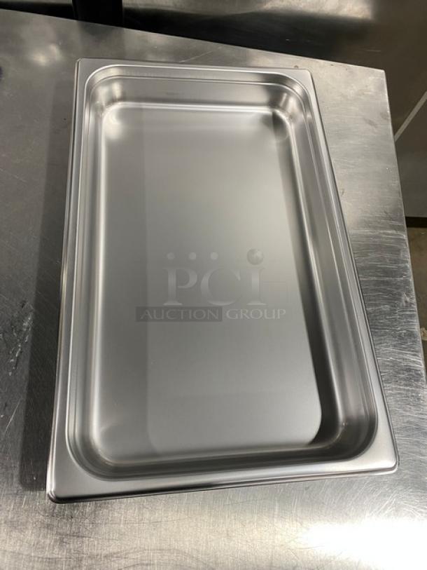 New Don Commercial Stainless Steel Anti-Jam Hotel Pan, Model 9K9881, 2.5" deep, full-size, pristine condition.
