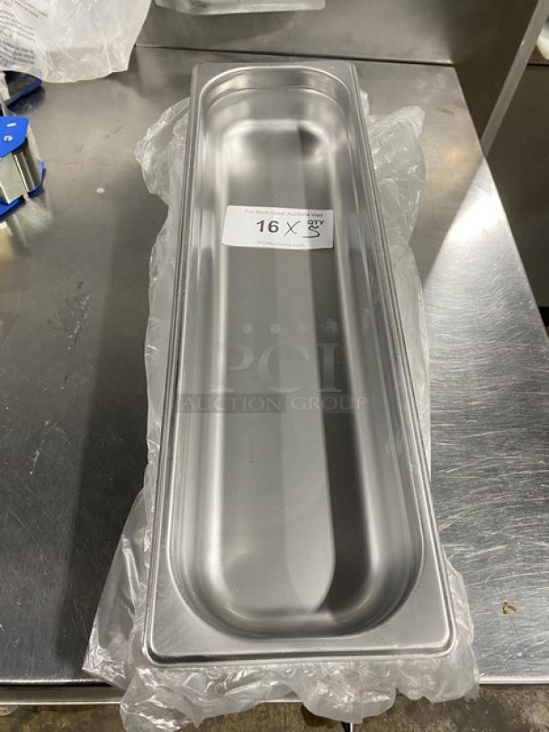 NEW Choice Commercial Stainless Steel 1/2-Size Long Anti-Jam Steamtable Pan, Model 4070522, 2.5" deep, in pristine condition.