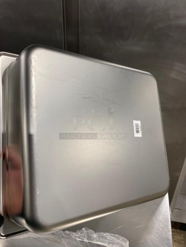 Stainless steel 2/3-size 4" deep hotel pan by Choice, model 4070142, new condition, visible barcode label.