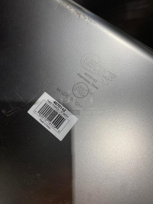 NEW Choice Commercial Stainless Steel 2/3-Size 4" Hotel Pan, Model 4070142, NSF certified, Made in China.