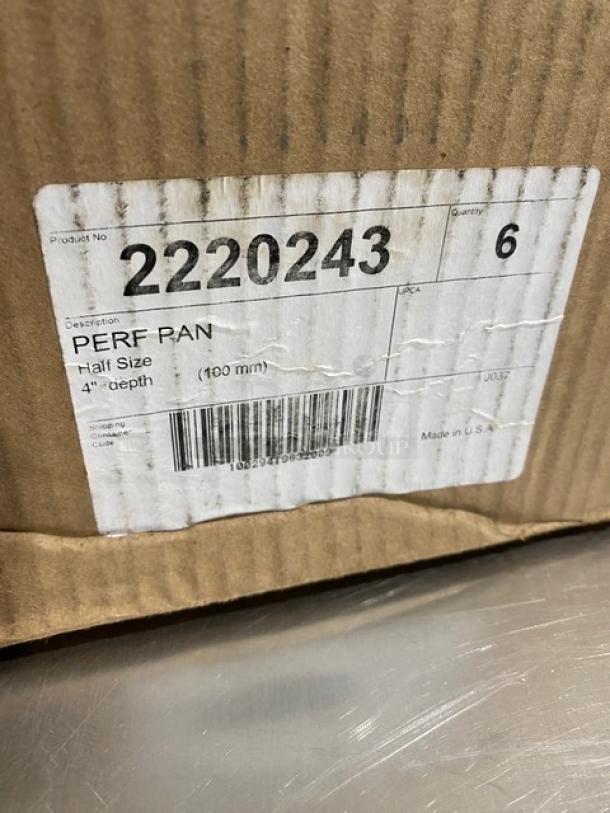 New commercial stainless steel half-size perforated pan, model 2220243. Depth: 4 inches. Made in USA. Quantity: 6.