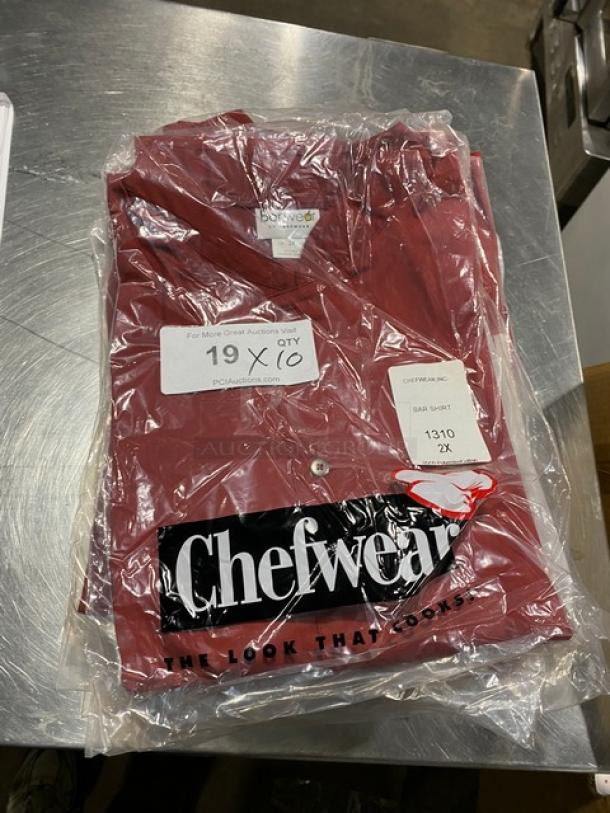 Brand new Chefwear model 1310 red bar shirt, size 2X, polyester/cotton blend, packaged with tags.