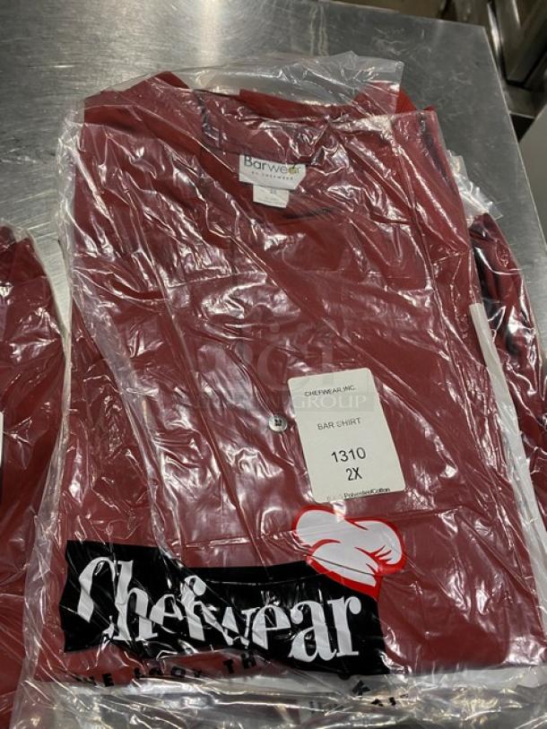 Brand new Chefwear bar shirt, model 1310, in red polyester/cotton blend, size 2X, in original packaging.