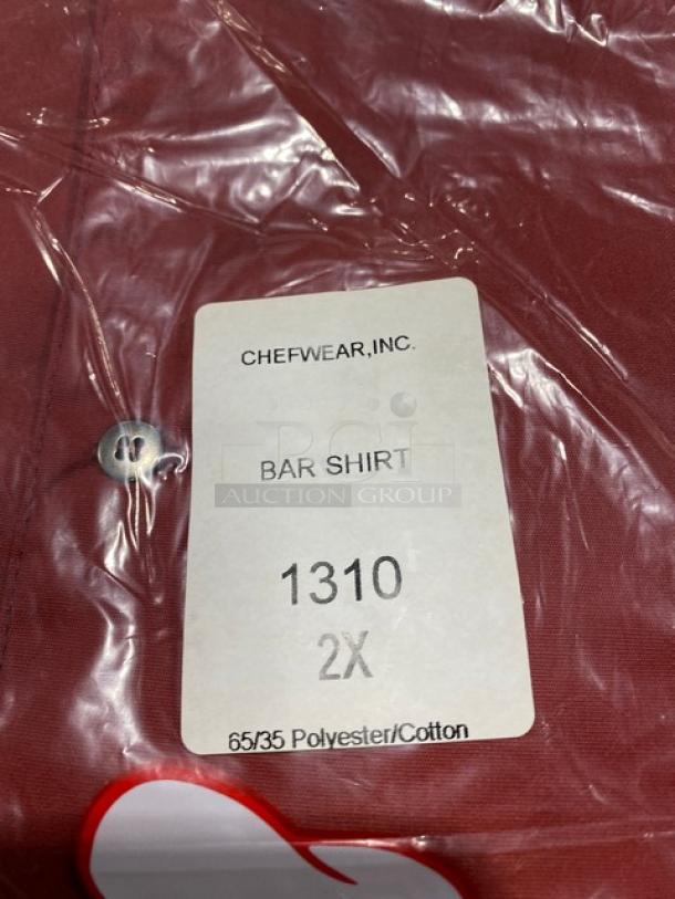 Brand new Chefwear Model 1310 red bar shirt, 2X size, polyester/cotton blend. Tag shows size and material.