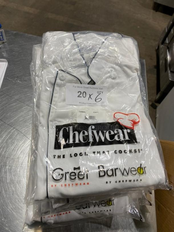 NEW Chefwear Commercial Chef Coat, Model CW5690-CWP1, White with Black Piping, Size 5X, in packaging, brand logo visible.