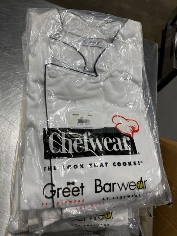 Chefwear CW5690-CWP1 chef coat, new, white with black piping, size 5X, in original packaging with labels visible.