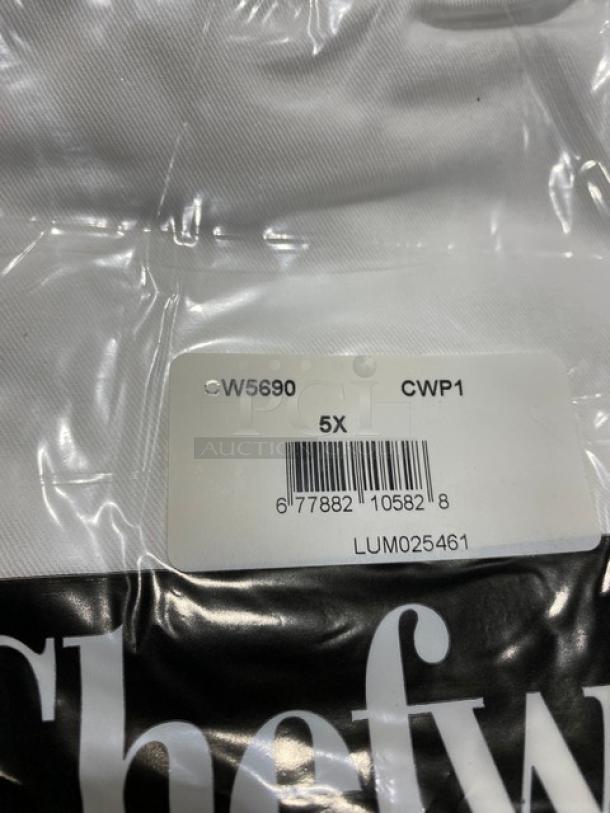 Chefwear CW5690-CWP1 Chef Coat, 5X, white with black piping, new in package. Model CW5690, barcode visible.