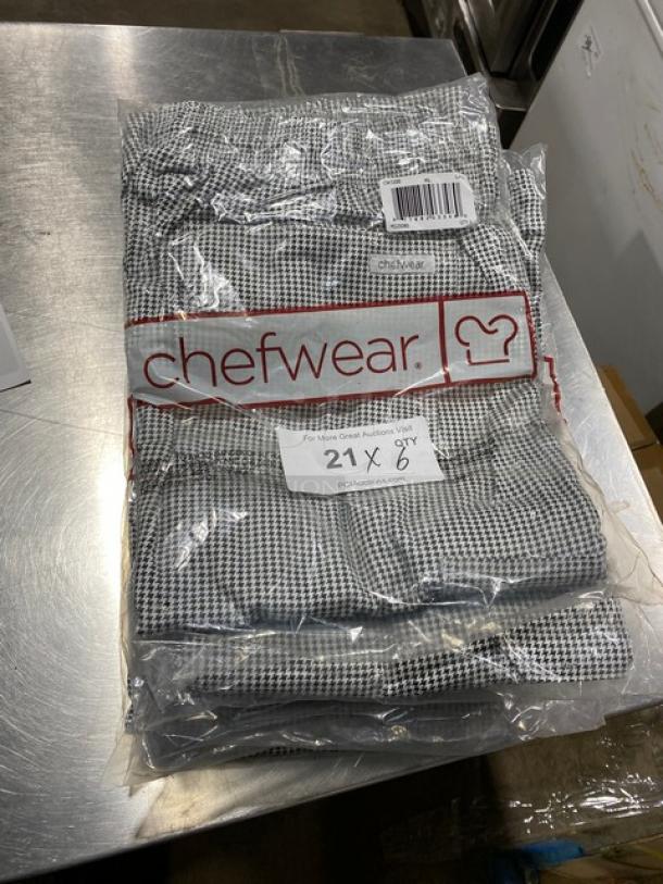 New Chefwear Black & White XL Chef Pants, Model CW3200-CW11, in packaging. Crisp condition, brand label visible.