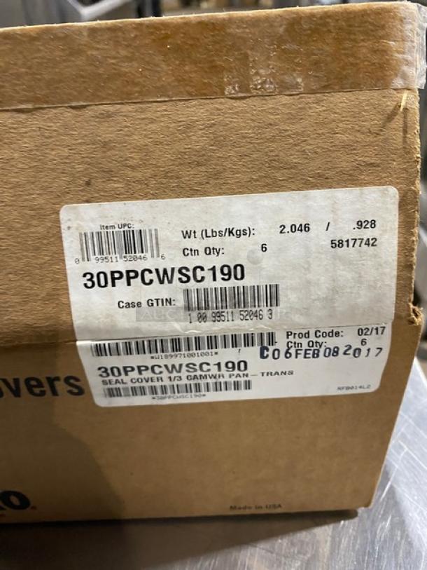 Cambro 30PPCWSC190 1/3-size pan seal cover, new, translucent, commercial-grade. Box label shows UPC and GTIN details.