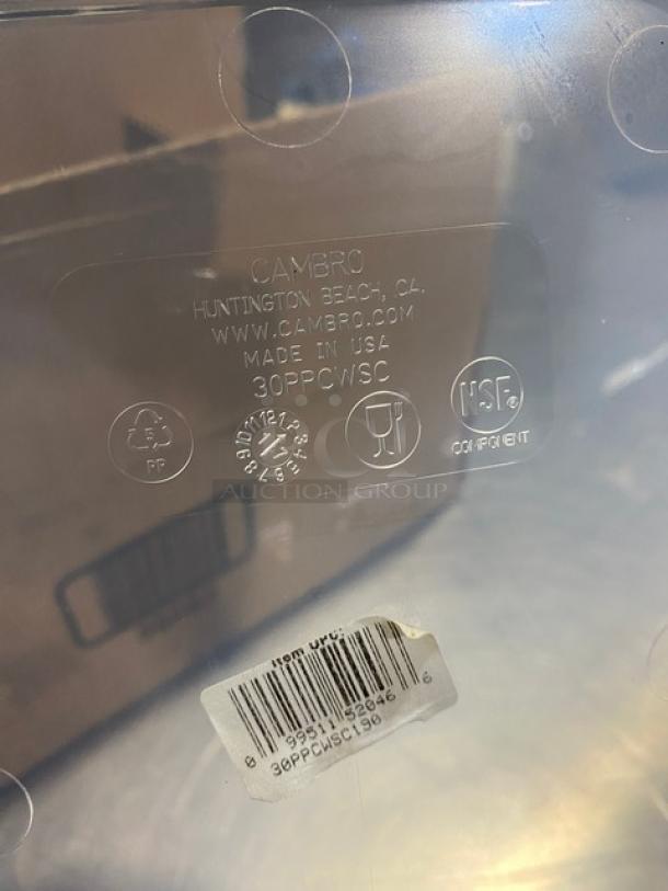 Translucent Cambro 1/3-size pan seal cover, model 30PPCWSC190, new condition, NSF certified, made in USA.
