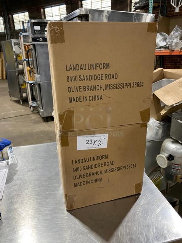 NEW Landau Uniforms white non-woven 9" round chef hat box. Markings: Made in China, Olive Branch, MS address. 23x9 QTY label.
